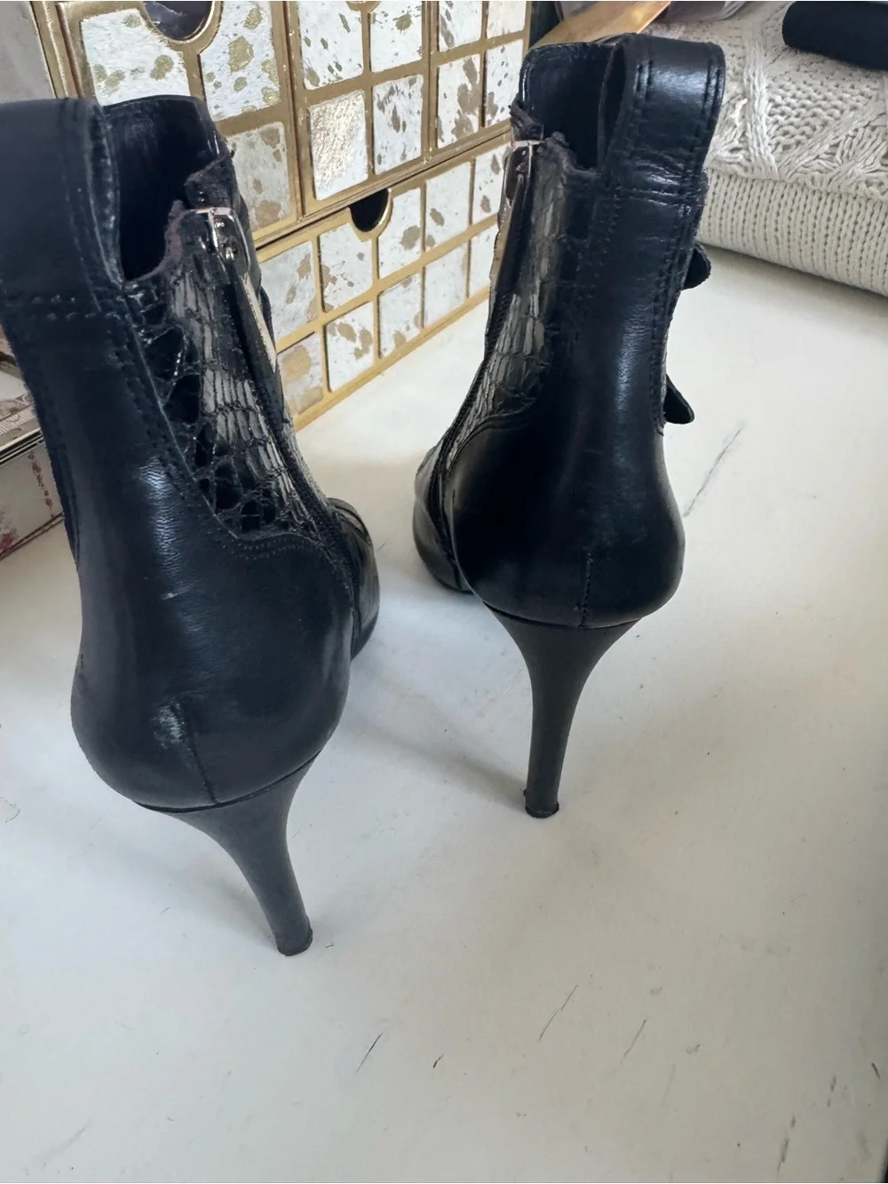 Vince Camuto Kammie Black Peep-Toe Ankle Booties with Front Zipper & Buckles